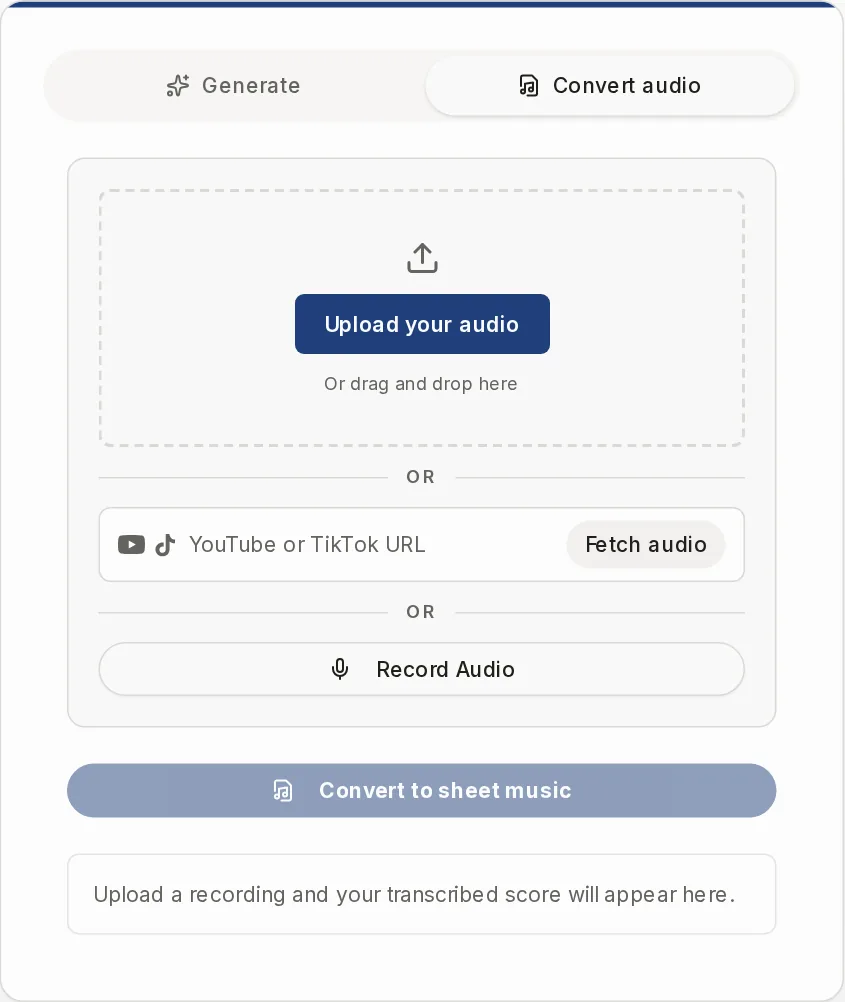 The Convert audio tab with the upload box, the link field and the instrument choice