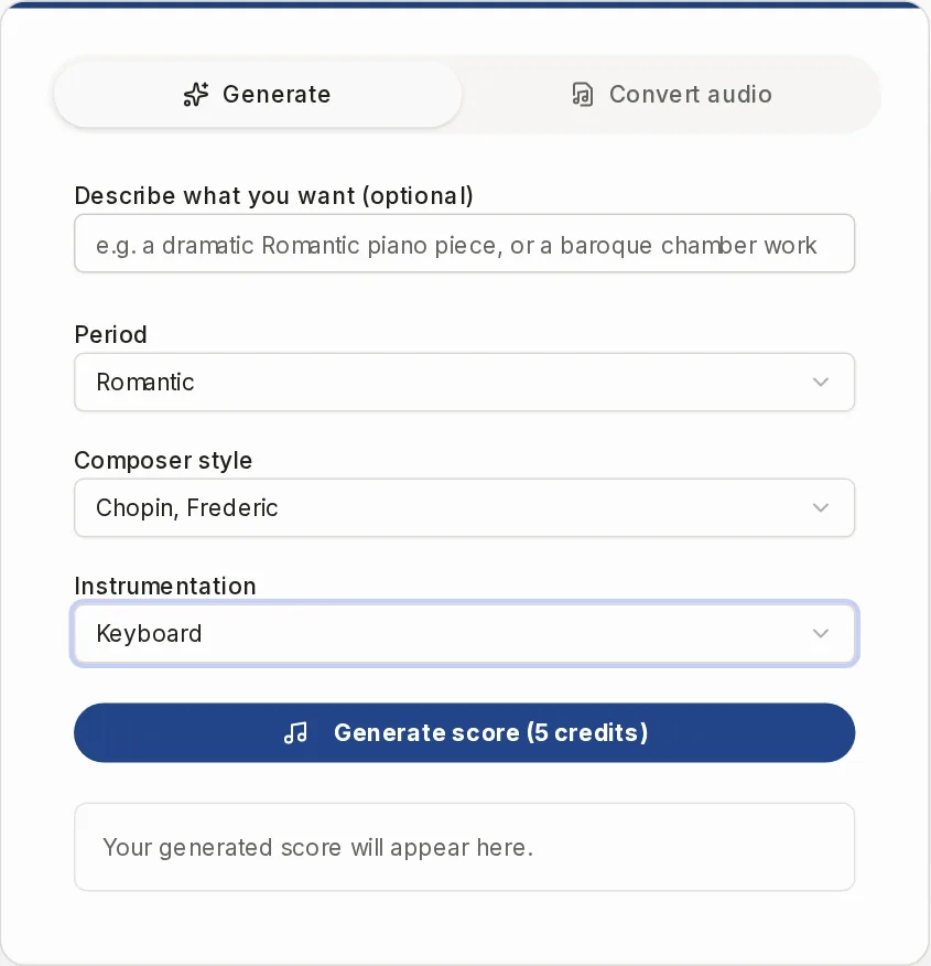 The Generate tab with Period, Composer style and Instrumentation filled in and the Generate score button